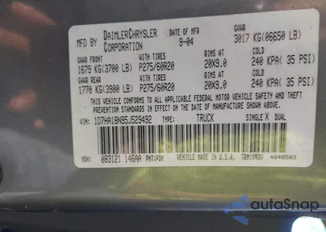 2005 Dodge Ram 1500 Slt/Laramie из США, поврежденный, VIN 1D7HA18N95J529492